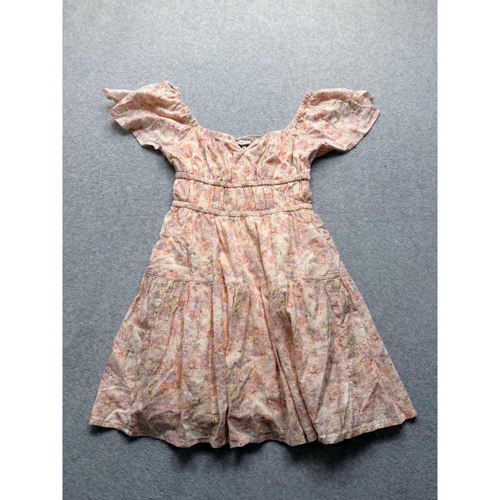 Arizona Jean Co Floral Smocked Mini Dress Peach Pink XS Short Sleeve Tiered
